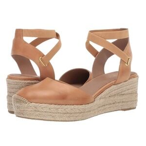Bettye Muller Tan Leather Espadrille Wedge Sandals Ankle Strap Women